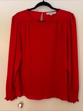 LOFT Red Long-Sleeve Ruffle Cuff Blouse